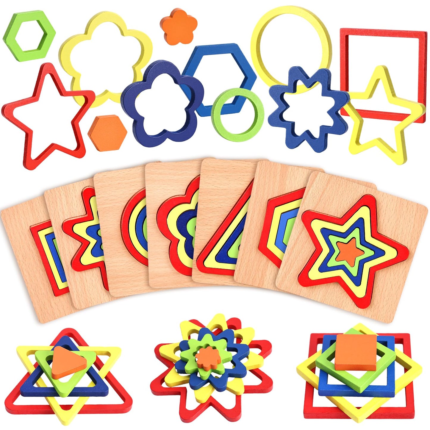 MCPINKY 3 Sets Toddler Puzzles, Wooden Shape Sorting Puzzles Montessori Puzzles Preschool Wooden Sensory Toys Age 1-3