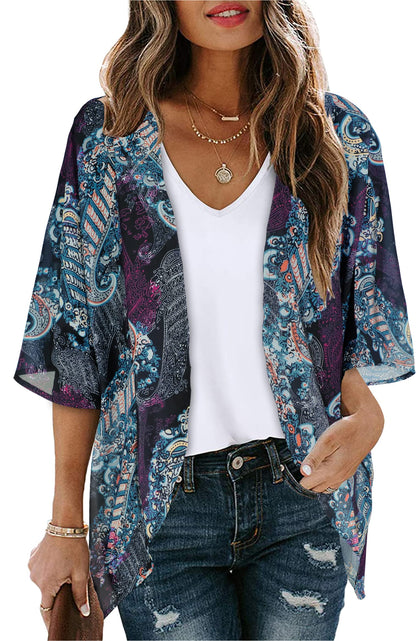 Women's Floral Print Puff Sleeve Kimono Cardigan Loose Cover Up Casual Blouse Tops