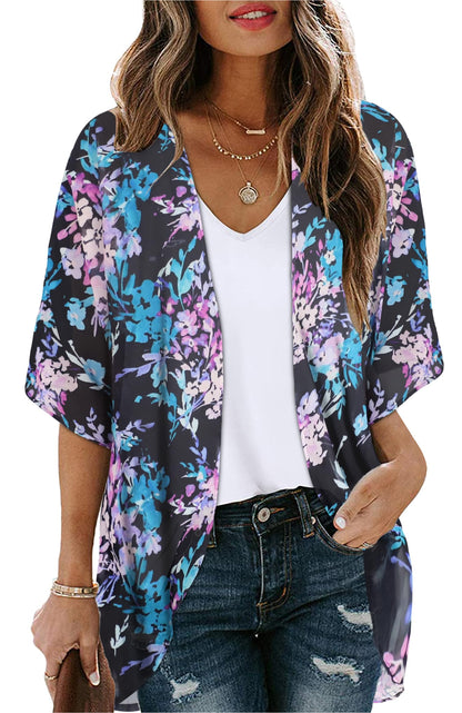 Women's Floral Print Puff Sleeve Kimono Cardigan Loose Cover Up Casual Blouse Tops