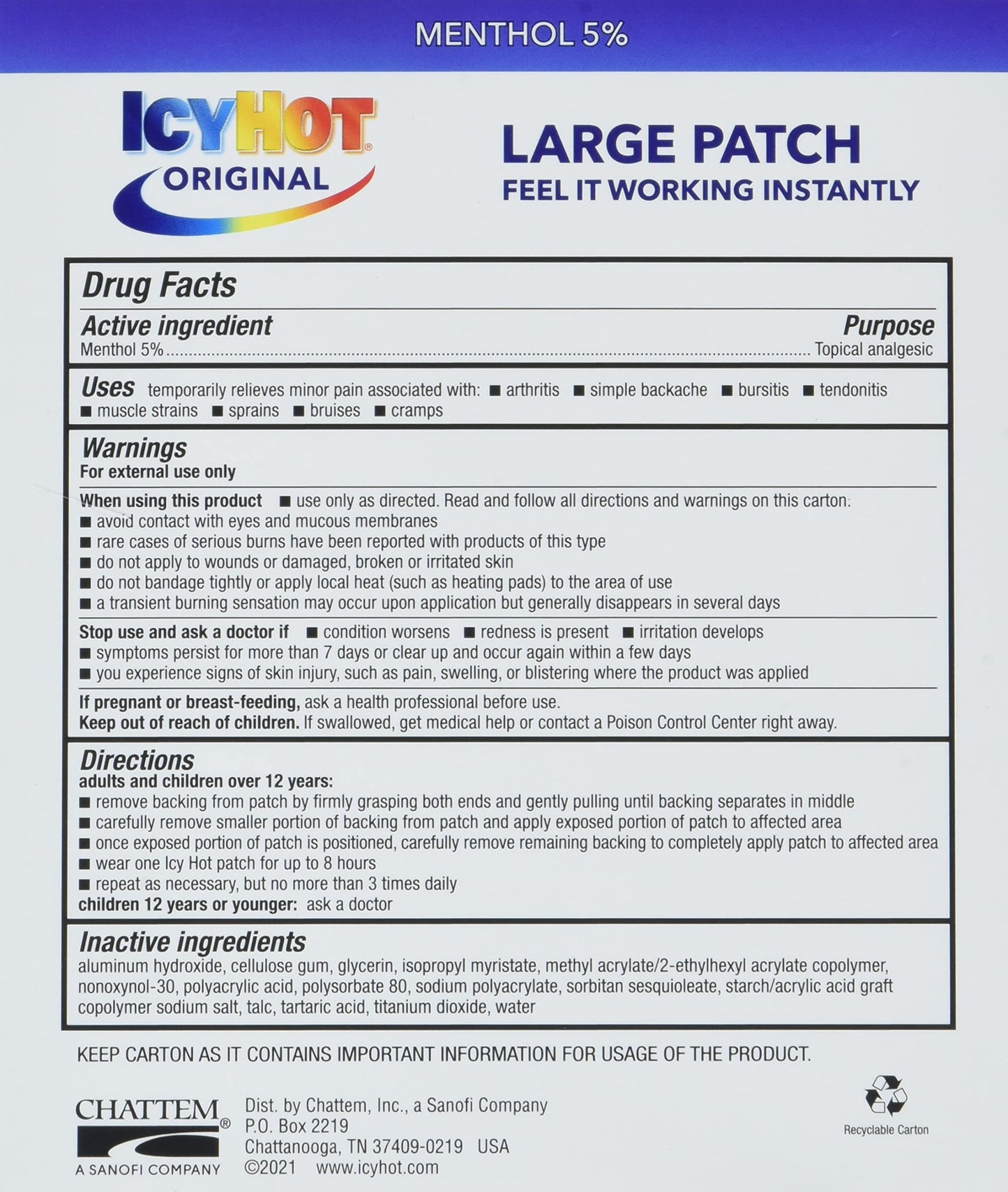 Icy Hot Original Medicated Pain Relief Patch, Large, 5 count