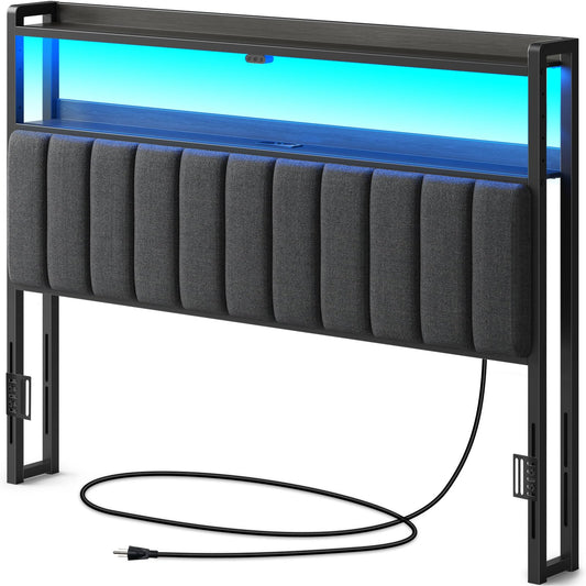 Rolanstar Headboard for Queen Size Bed with Storage, 60,000 DIY Color of LED Light, Head Board with USB & Type C Port, Height Adjustable, Black Upholstered Cabeceras de Cama Comfortable Modern, Linen