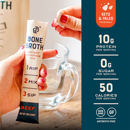 Bare Bones Bone Broth Instant Powdered Beverage Mix, Chicken, Pack of 16, 15g Sticks, 10g Protein, Keto & Paleo Friendly