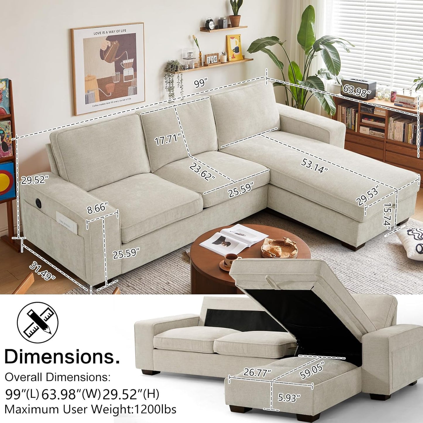 ASHOMELI 99“ Convertible Sectional Sofa,L Shaped Couch,Multi-Functional Reversible Sofa with USB and Type-C Charging Ports, Storage Space, Breathable Fabric (Beige)