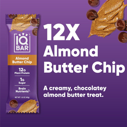 IQBAR Brain and Body Plant Protein Bars - Almond Butter Chip - 12 Count, Low Carb, High Fiber, Gluten Free, Vegan Snacks - Low Sugar Keto Energy Bars