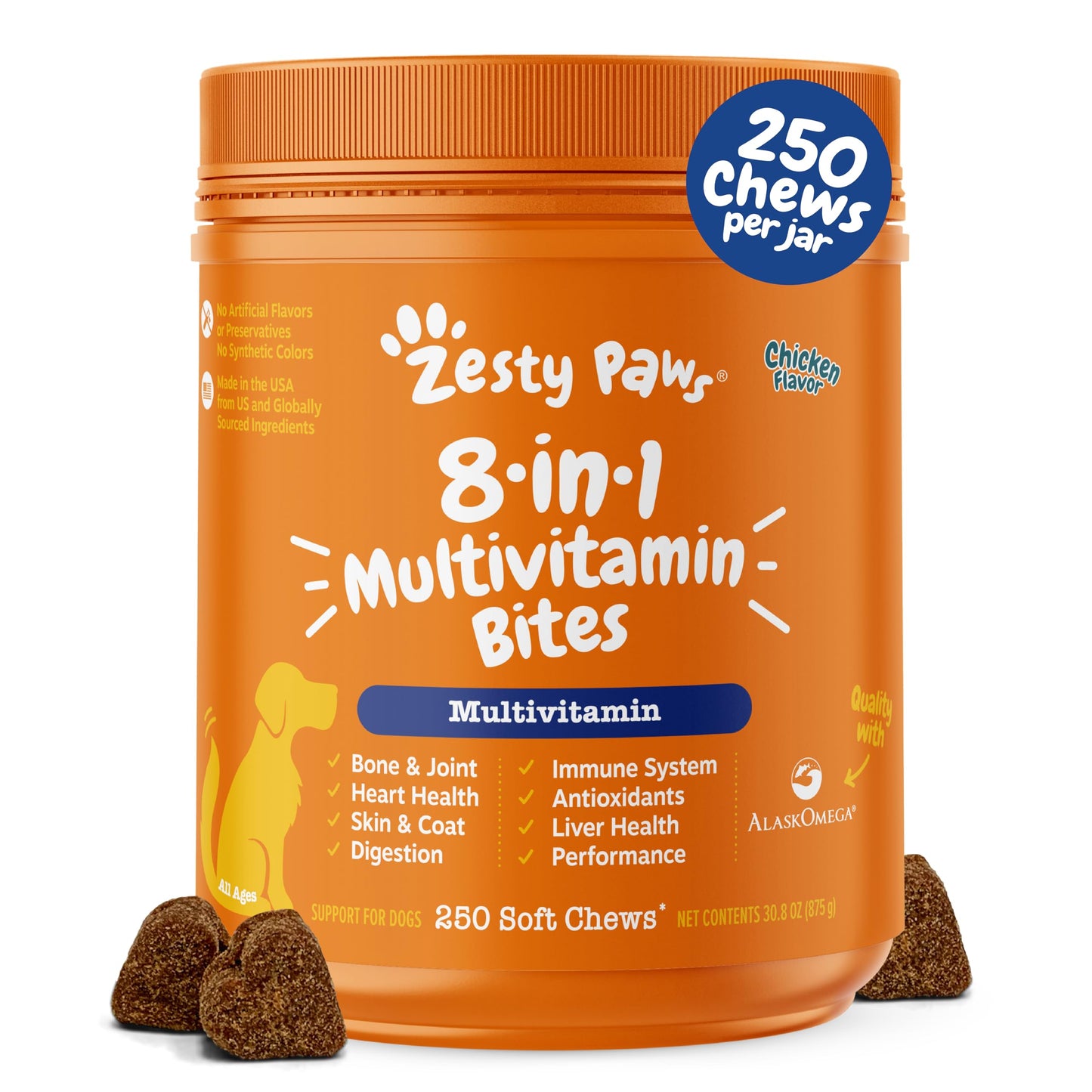 Zesty Paws Multivitamin Treats for Dogs - Glucosamine Chondroitin for Joint Support + Digestive Enzymes & Probiotics - Grain Free Dog Vitamin for Skin & Coat + Immune Health - Chicken Flavor - 90ct