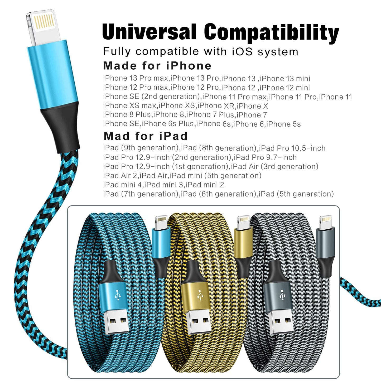 [Apple MFi Certified] iPhone Charger 3 Pack 6FT USB Lightning Cable Fast Charging Nylon Braided Cord Compatible with 14/13/12/11 Pro Max/XS MAX/XR/XS/X/8/7/Plus/6S/6/SE/5S/iPad