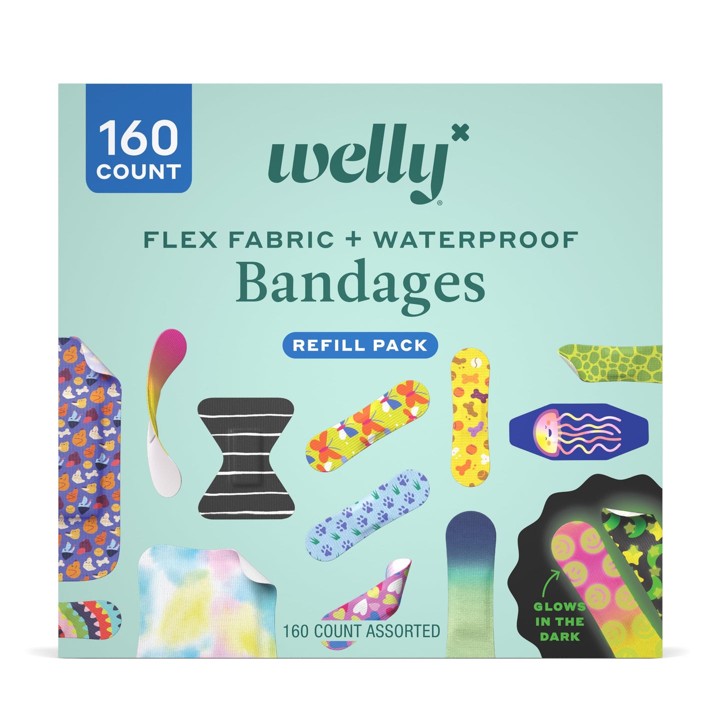 Welly Bandage Family Pack | Adhesive Flexible Fabric & Waterproof Bandages | Assorted Shapes and Patterns for Minor Cuts, Scrapes, and Wounds - 80 Count