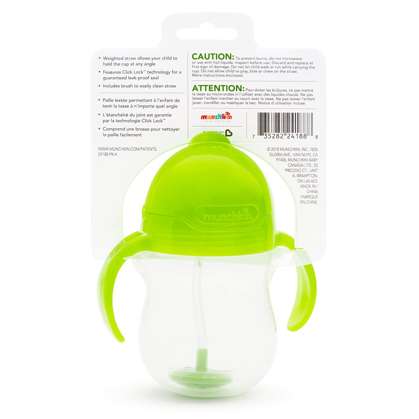 Munchkin® Any Angle™ Weighted Straw Trainer Sippy Cup with Click Lock™ Spill Proof Lid, 7 Ounce, 2 Pack, Blue/Green