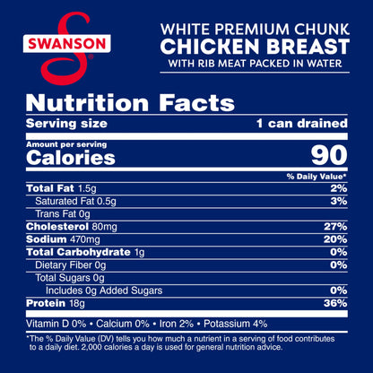 Swanson White Premium Chunk Canned Chicken Breast in Water, Fully Cooked Chicken, 4.5 OZ Can (Pack of 4)