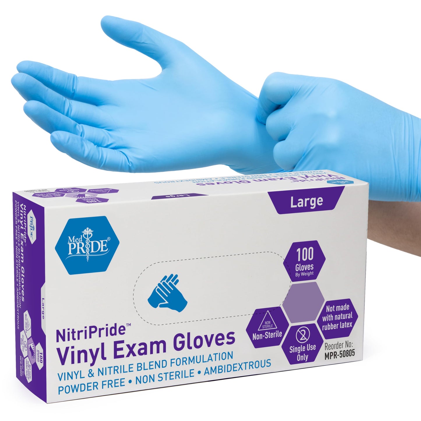 MED PRIDE NitriPride Nitrile-Vinyl Blend Exam Gloves, Large 100 - Powder Free, Latex Free & Rubber Free - Single Use Non-Sterile Protective Gloves for Medical Use, Cooking, Cleaning & More