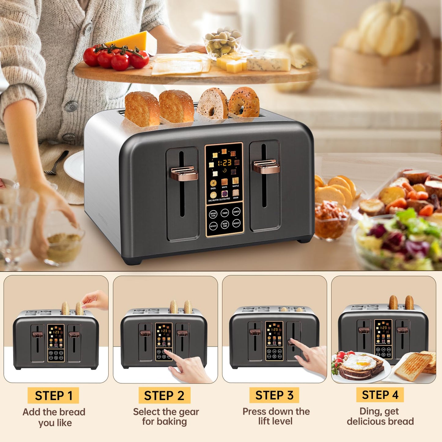 SEEDEEM Toaster 2 Slice, Stainless Toaster LCD Display&Touch Buttons, 50% Faster Heating Speed, 6 Bread Selection, 7 Shade Setting, 1.5''Wide Slot, Removable Crumb Tray, 1350W, Dark Metallic