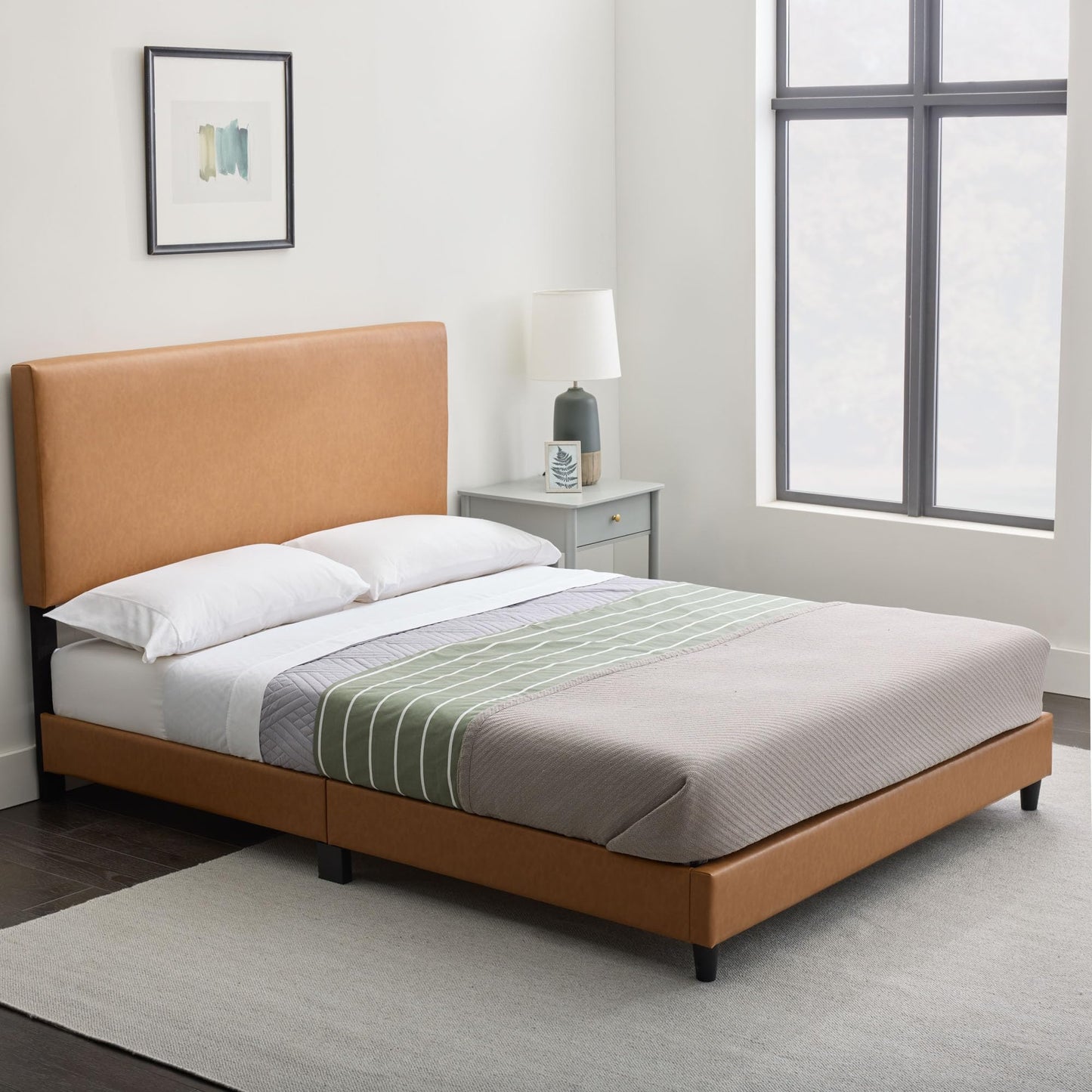 Edenbrook Platform Bed with Headboard – No Box Spring Needed – Faux Leather Upholstered Platform Bed Frame – Low Profile – Easy Assembly – Camel – Full Size