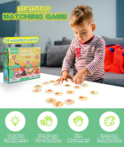 Wooden Match Memory Game for Kids, 24Pc Memory Matching Cards with 5Pc Tattoo Stickers, Educational Memory Matching Game for Pre-Kindergarten Early Learning Development Kids-Dinosaur