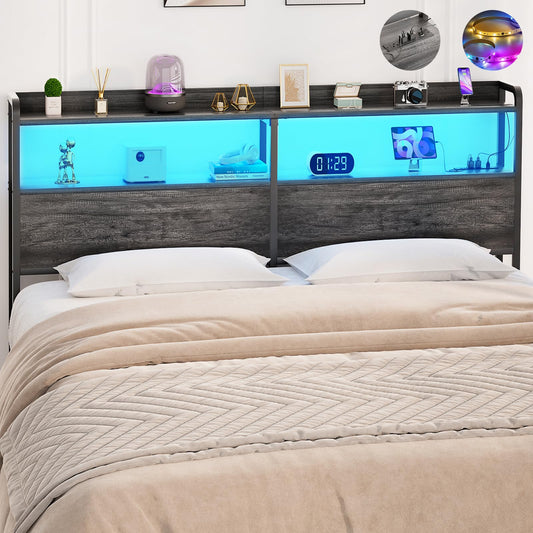 Aheaplus Headboard for Queen Size Bed Frame, Headboards with Outlets, USB Ports and LED Light, Head Board with Storage, Height Adjustable, Sturdy and Stable Headboard, Queen Size, Black Oak