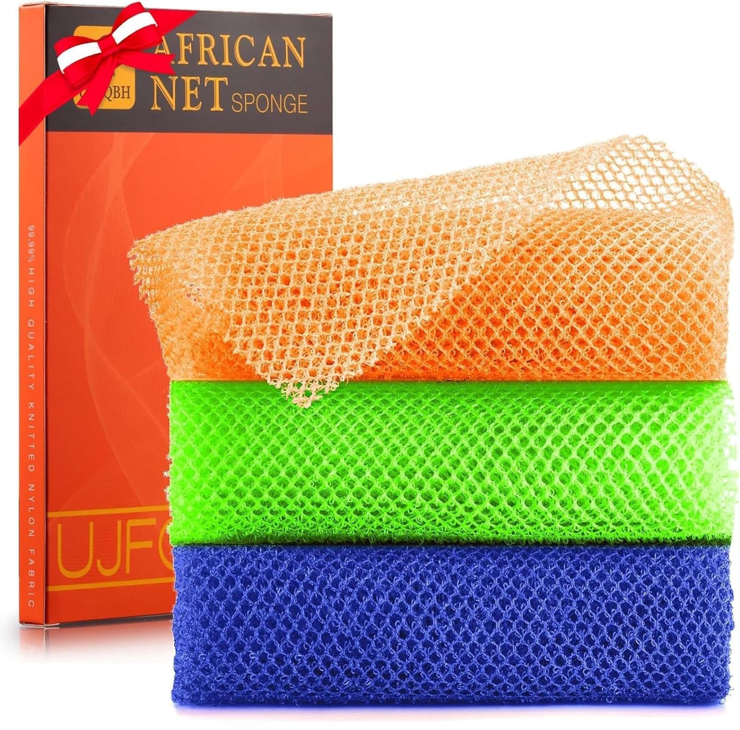 3 Pieces African Bath Sponge African Net Long Net Bath Sponge Exfoliating Shower Body Scrubber Back Scrubber Skin Smoother,Great for Daily Use (Black、Blue、Brown)