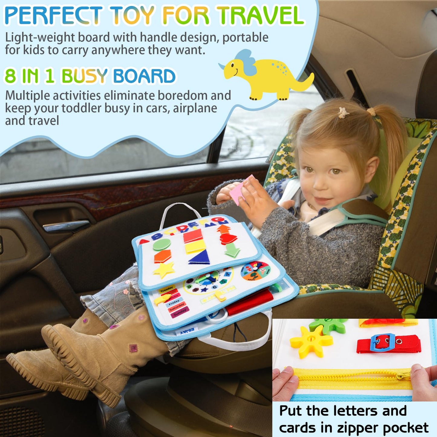 Esjay Toddler Busy Board Montessori Toys for 1 2 3 4 Year Old, Sensory Board Educational Activities for Learning Fine Motor Skills, Gifts for Girls Boys, Travel Toys for Airplane Car