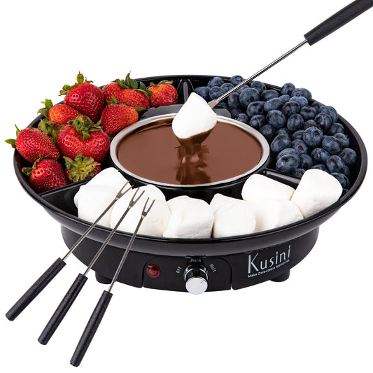 Electric Fondue Pot Set - Chocolate Fondue Kit - Temperature Control, Detachable Serving Trays, & 4 Roasting Forks - Gift Set & Date Night Idea. Serve at Movie Night or Game Night.