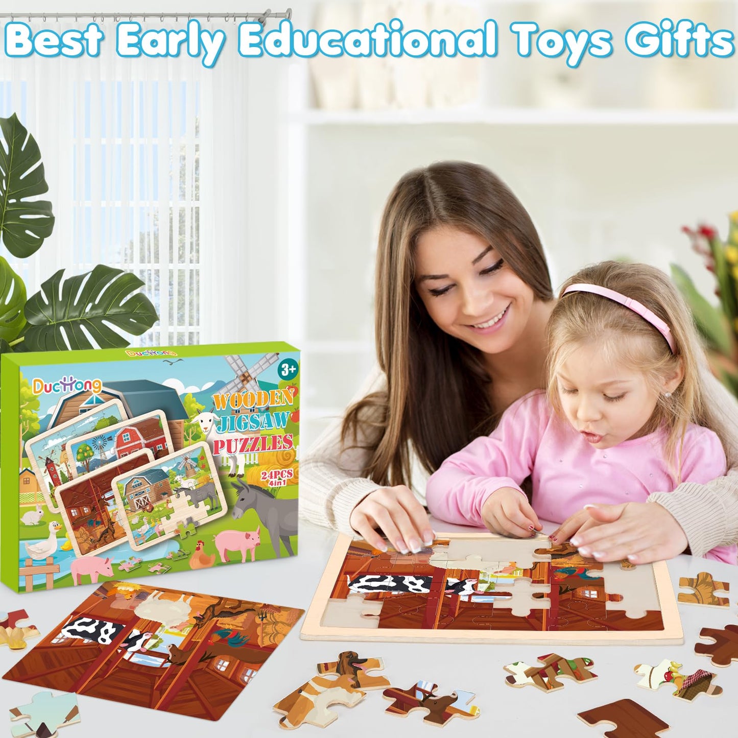 4-in-1 Farm Wooden Puzzles for Kids Ages 4-6, 24 PCS Wooden Jigsaw Puzzles for Toddlers Ages 2-4, Preschool Educational Puzzles Boards Toys Gifts for 3 4 5 6 Boys Girls