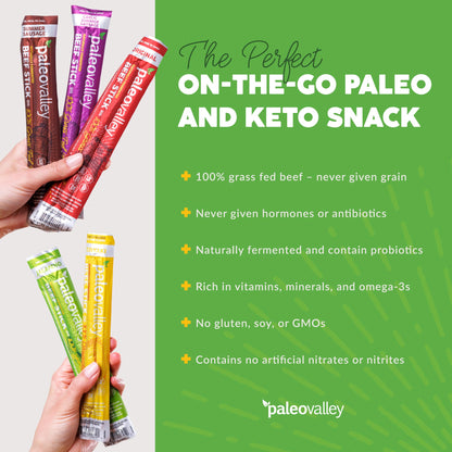 Paleovalley 100% Grass Fed Original Beef Sticks - Delicious Gluten Free Beef Snack - High Protein Keto Friendly