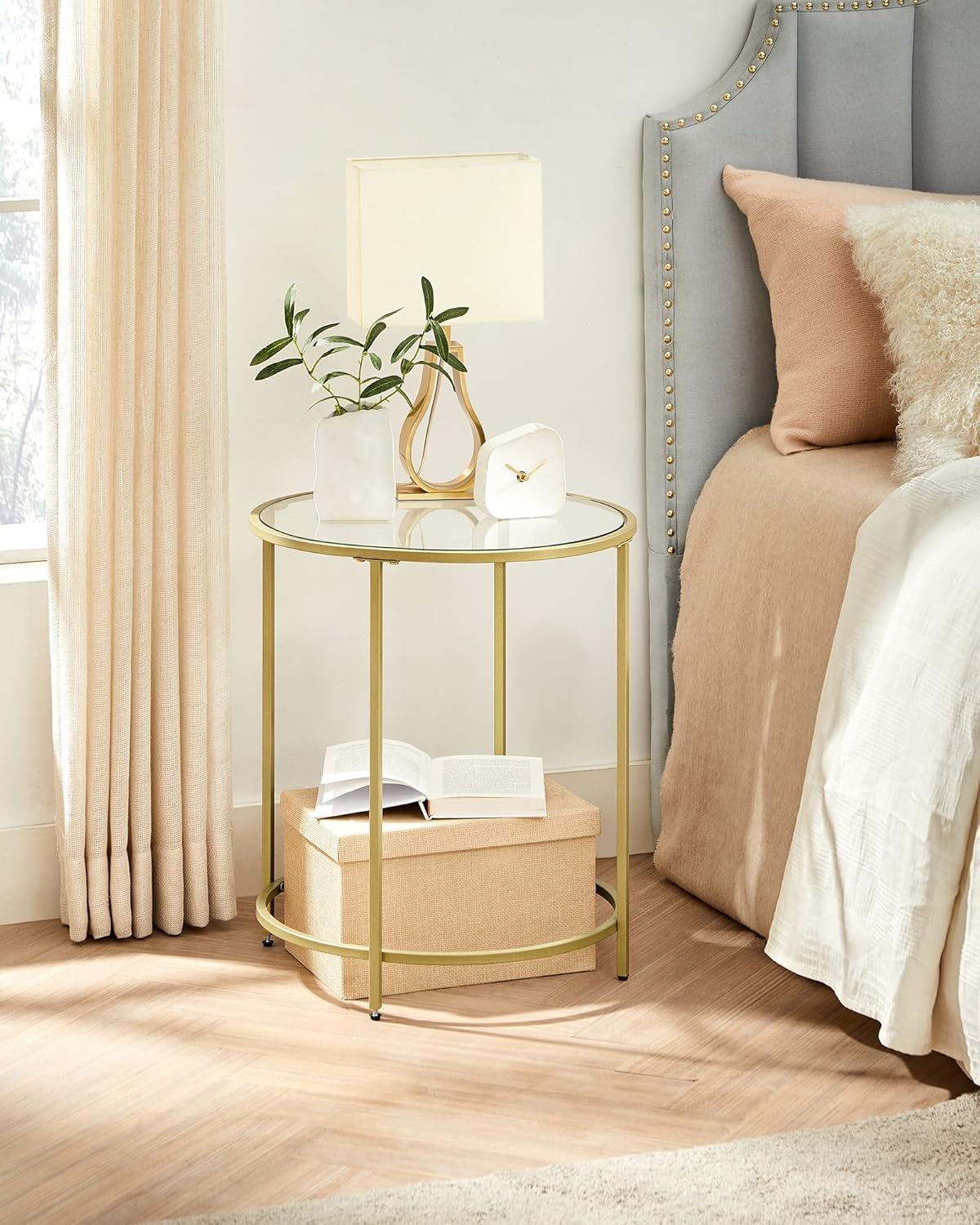 VASAGLE Round Side Table, Glass End Table with Metal Frame, Gold Coffee Table with Modern Style, for Living Room, Balcony, Bedroom, Gold Color