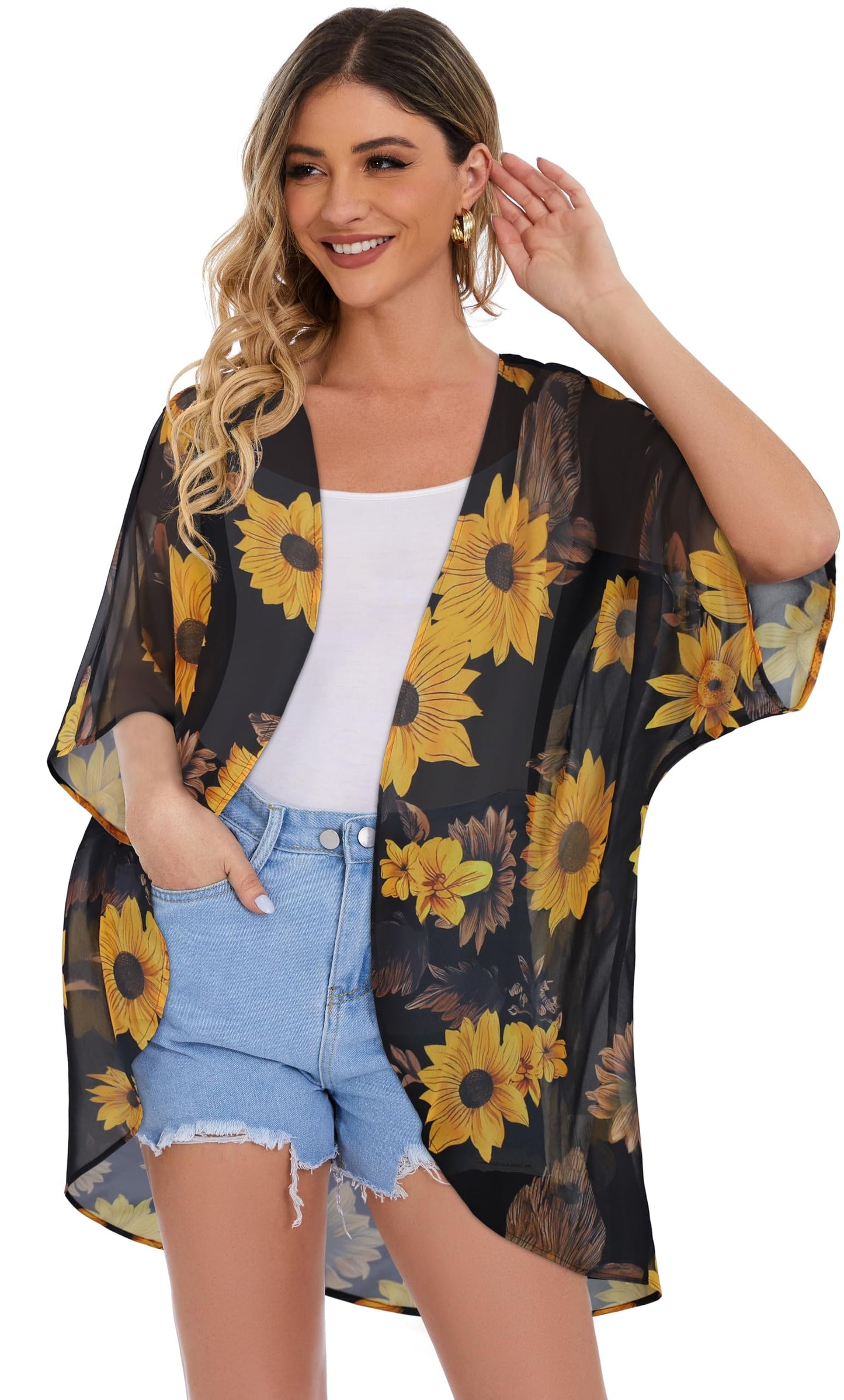 Women's Floral Print Puff Sleeve Kimono Cardigan Loose Cover Up Casual Blouse Tops