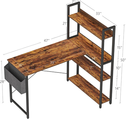 Treesland 47 Inch Computer Desk with Bookshelf, Corner Desk with Storage, L Shaped Desk, Home Office Desks, Writing Study Desk for Bedroom, Brown