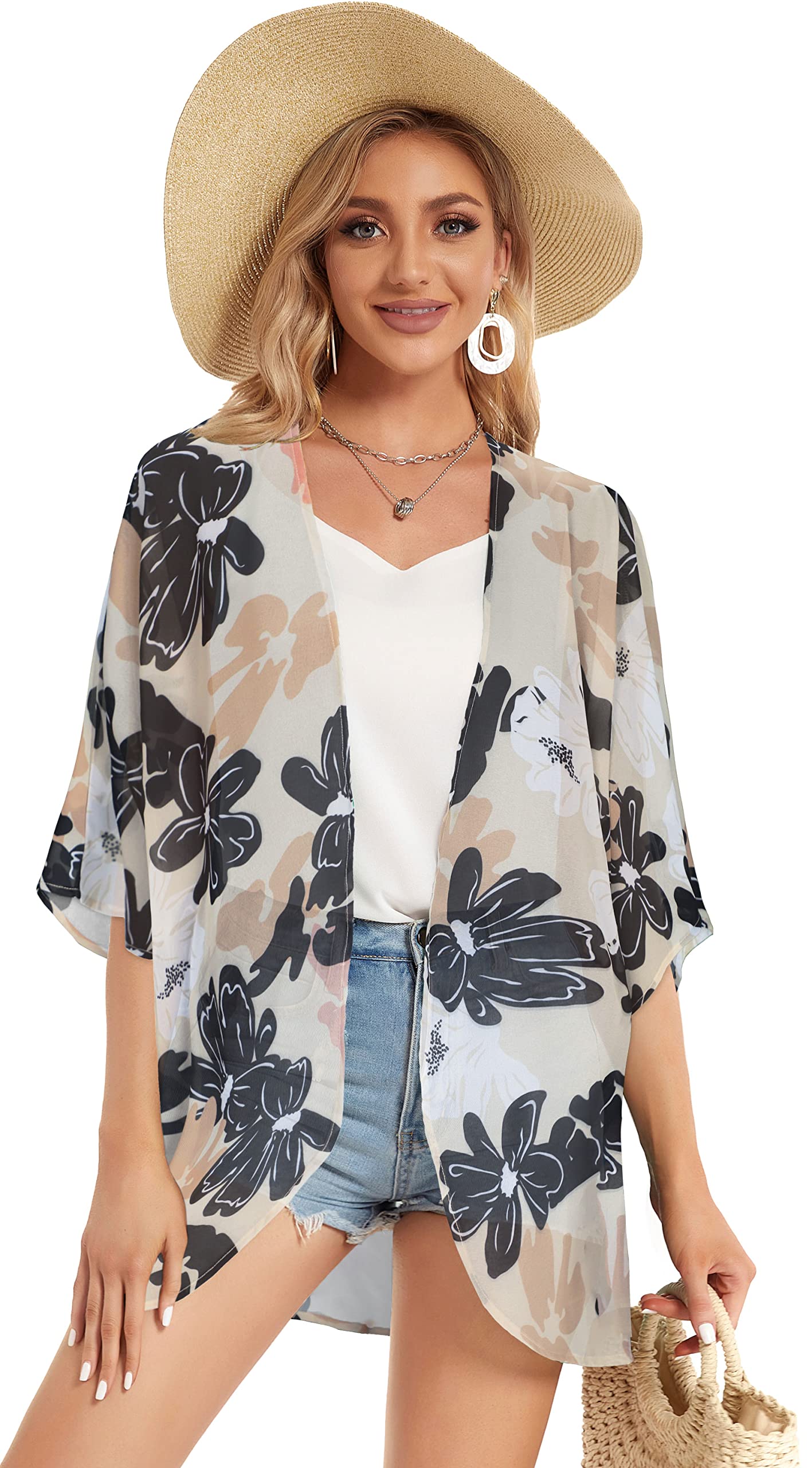 Women's Floral Print Puff Sleeve Kimono Cardigan Loose Cover Up Casual Blouse Tops