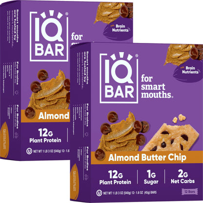 IQBAR Brain and Body Plant Protein Bars - Almond Butter Chip - 12 Count, Low Carb, High Fiber, Gluten Free, Vegan Snacks - Low Sugar Keto Energy Bars