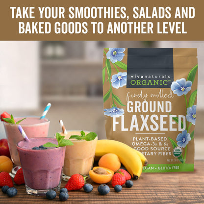 Viva Naturals Organic Ground Flaxseed - Premium Quality Plant-Based Protein and Vegan Omega 3 with Fiber, Perfect for Smoothies, Finely Milled Flaxseed 15 oz (425 g)