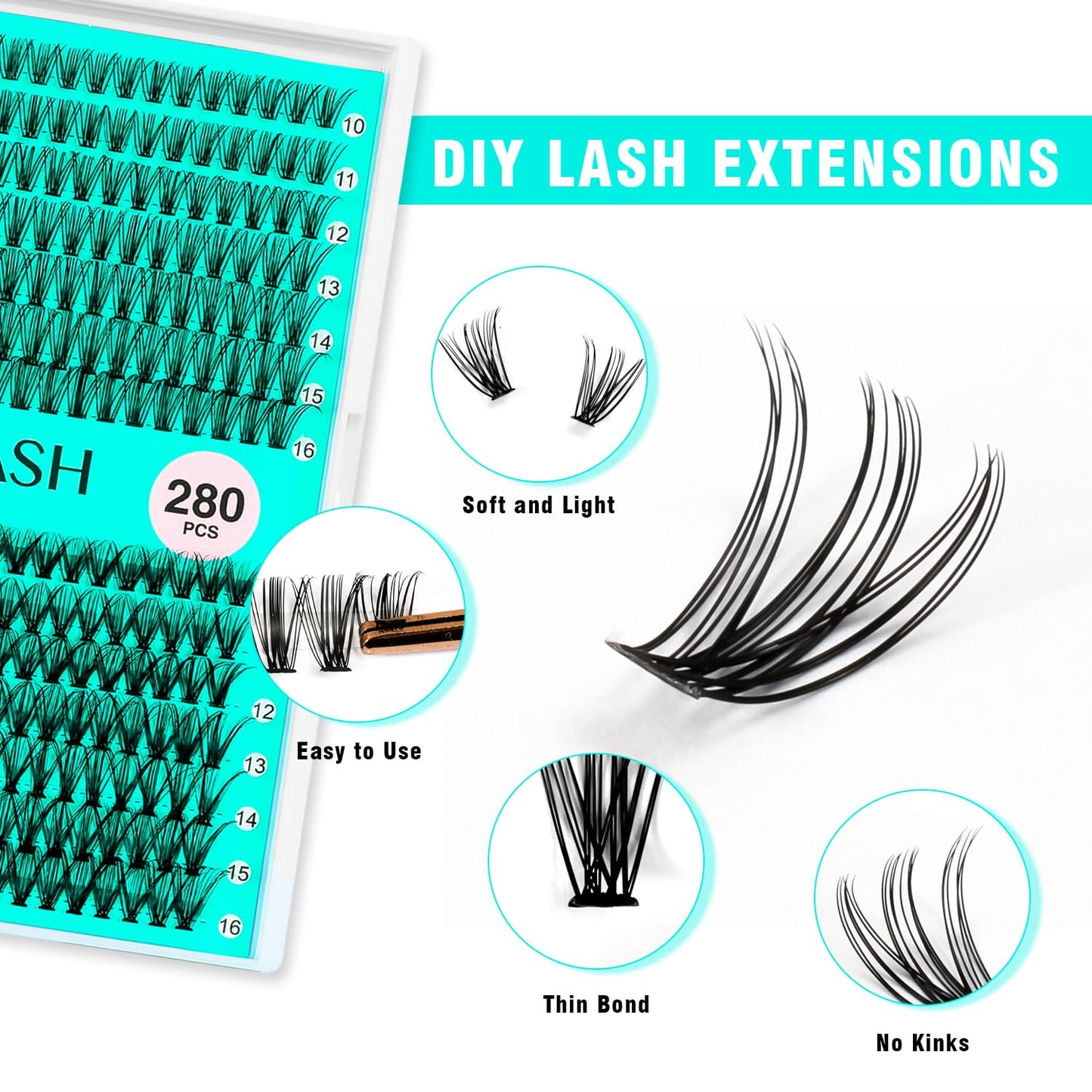 VAVALASH DIY Lash Extension Kit 280 Clusters Individual Lashes Kit 30D 40D 0.07D-10-16mm Lash Clusters, Lash Bond and Seal, Lash Tweezer for DIY Eyelash Extension at Home（Kit-30D+40D-0.07D-10-16MIX）