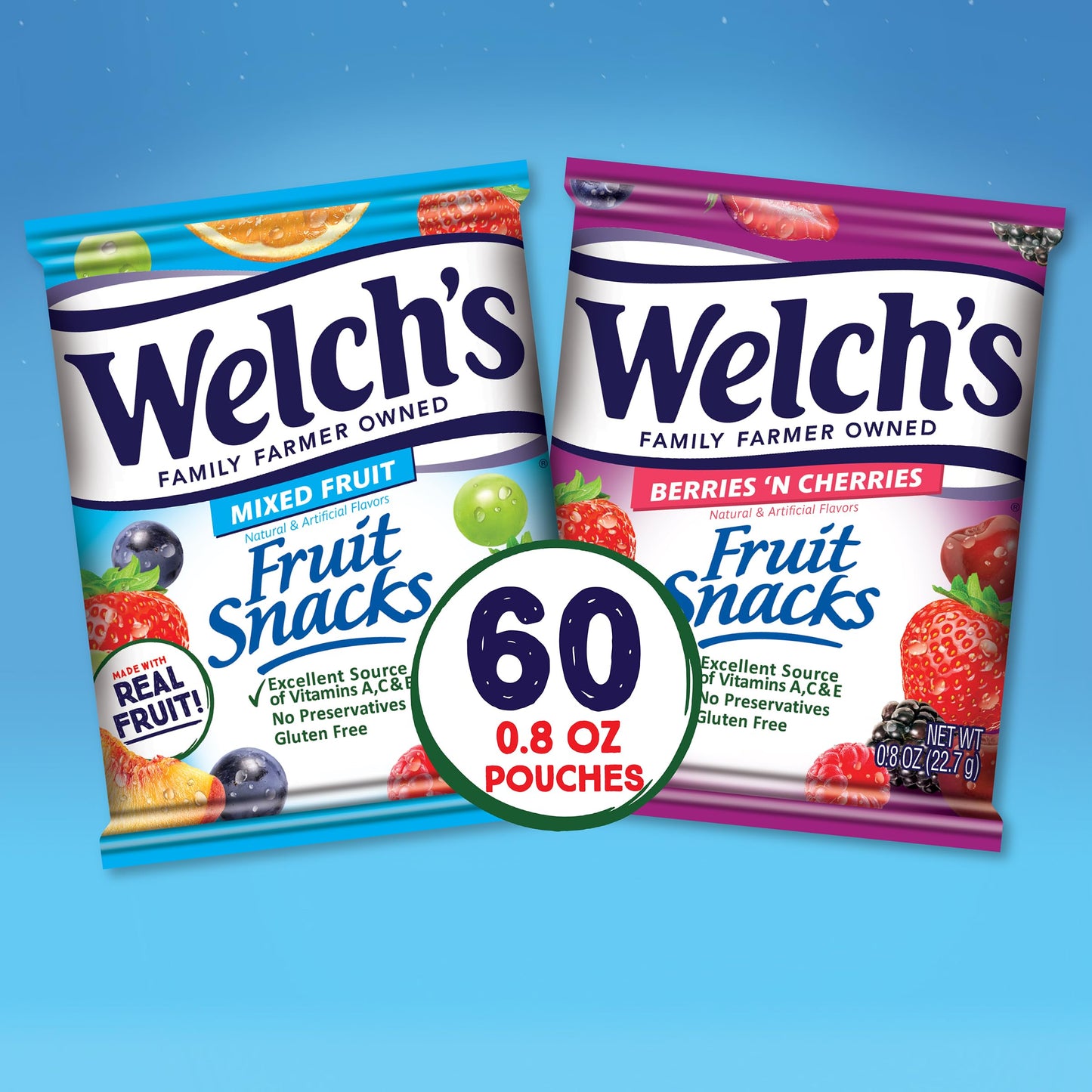 Welch's Fruit Snacks, Mixed Fruit & Berries 'N Cherries Bulk Variety Pack, Perfect for School Lunches, Gluten Free, 0.8 oz Individual Single Serve Bags (Pack of 60)