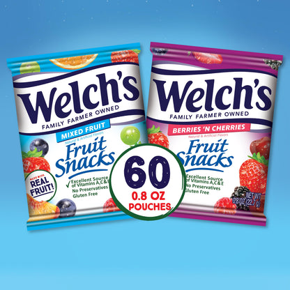 Welch's Fruit Snacks, Mixed Fruit & Berries 'N Cherries Bulk Variety Pack, Perfect for School Lunches, Gluten Free, 0.8 oz Individual Single Serve Bags (Pack of 60)