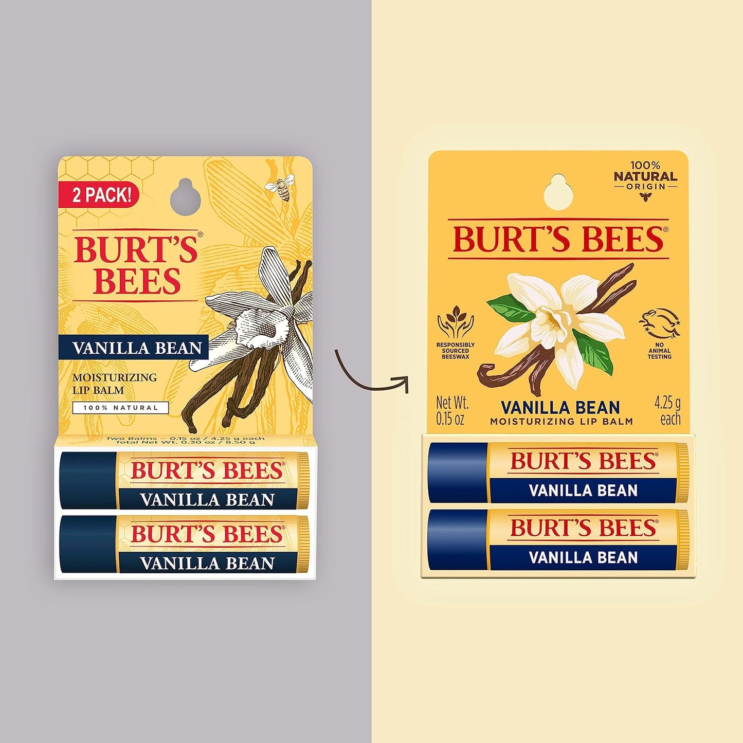 Burt's Bees Lip Balm - Vanilla Bean, Lip Moisturizer With Responsibly Sourced Beeswax, Tint-Free, Natural Origin Conditioning Lip Treatment, 2 Tubes, 0.15 oz.