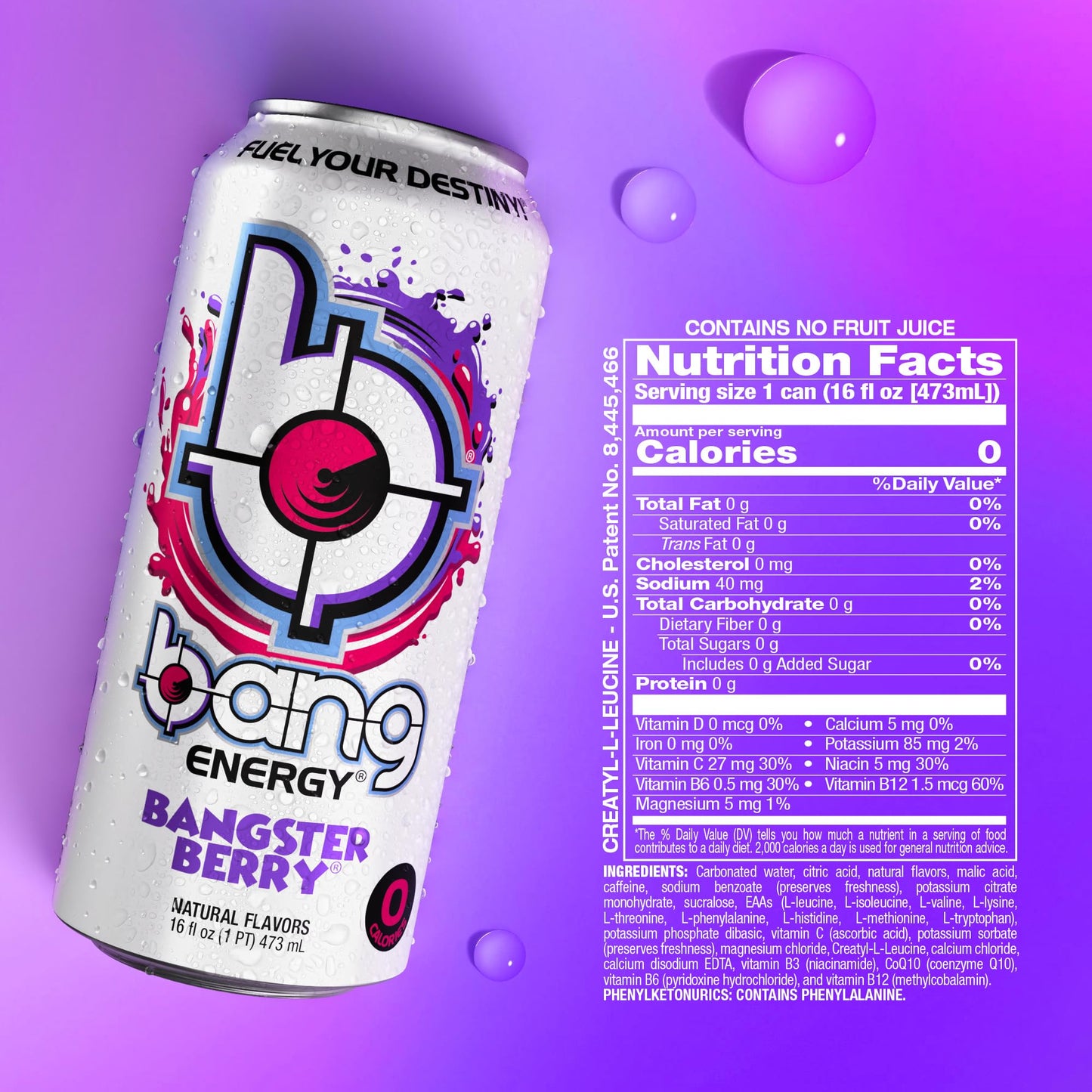 Bang Energy Bangster Berry, Sugar-Free Energy Drink, 16-Ounce (Pack of 12)