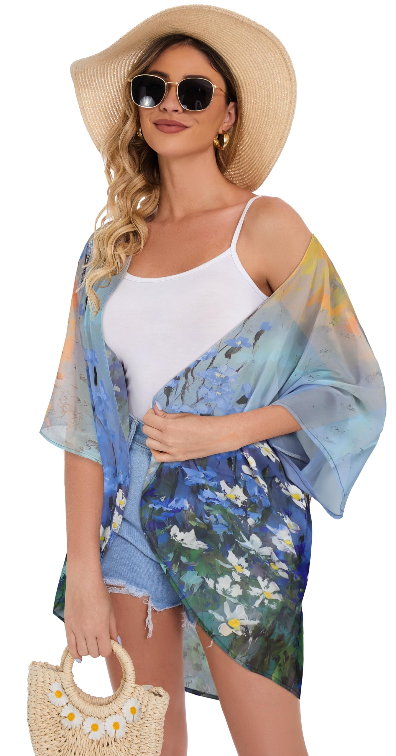 Women's Floral Print Puff Sleeve Kimono Cardigan Loose Cover Up Casual Blouse Tops