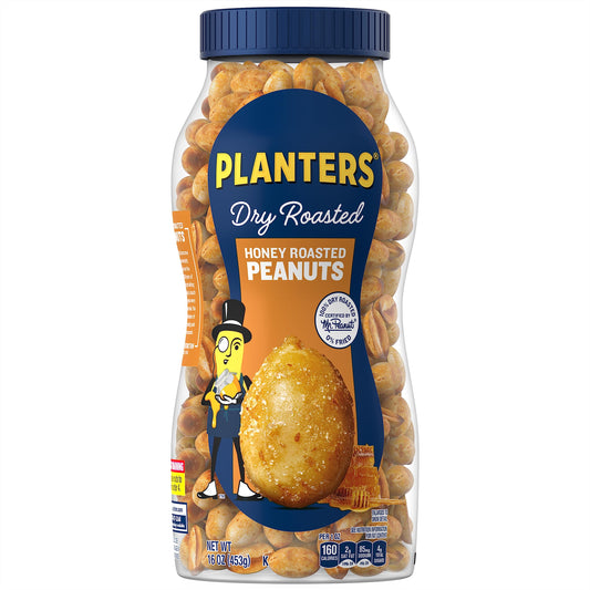 PLANTERS Honey Roasted Peanuts, Party Snack, Plant-Based Protein, After School Snack, Sweet and Salty, Salted Nuts, Flavored with Sea Salt and Honey, Quick Snacks for Adults, Kosher, 16oz Jar