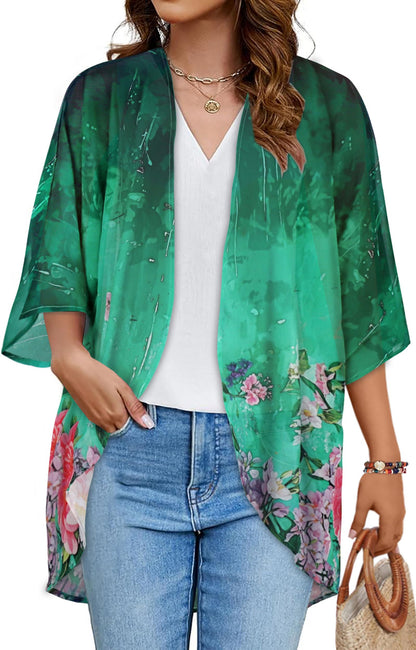 Women's Floral Print Puff Sleeve Kimono Cardigan Loose Cover Up Casual Blouse Tops