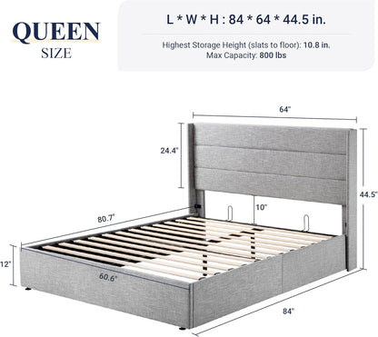 Allewie Queen Size Lift Up Storage Bed, Modern Wingback Headboard, No Box Spring Needed, Hydraulic Storage, Light Grey