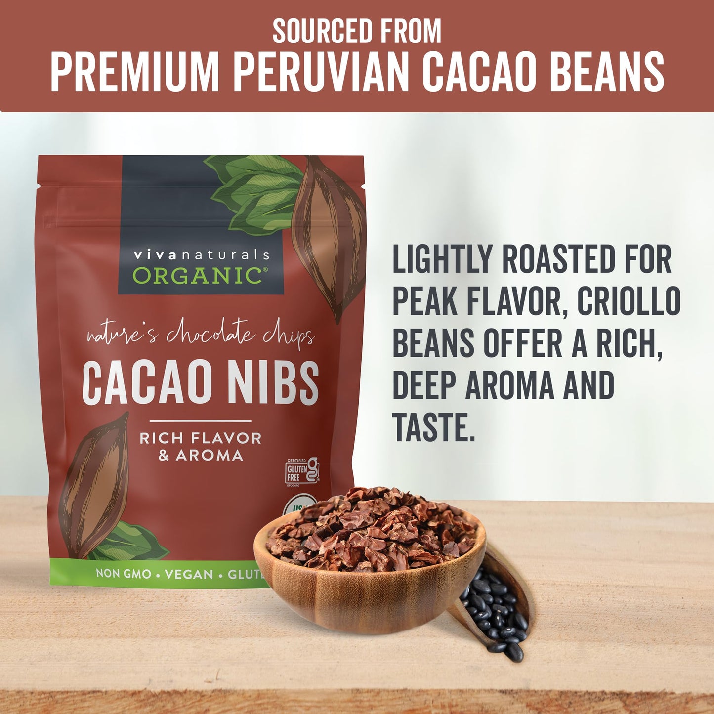 Viva Naturals Organic Cacao Nibs, 1 Lb - Certified Keto and Vegan Superfood, Perfect for Gluten Free Baking, Cacao Nib Smoothies and Healthy Snacks, Premium Criollo Beans, Non-GMO