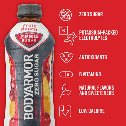 BODYARMOR ZERO Sugar Fruit Punch, Sugar Free Sports Drink - Low-Calorie Hydration - Natural Flavors with Potassium Packed Electrolytes, Antioxidants, and B-vitamins, 16 fl oz (pack of 12)