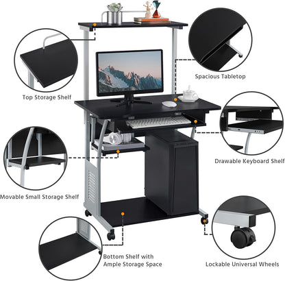 Yaheetech 3 Tiers Mobile Computer Desk with Printer Shelf & Keyboard Tray Rolling Computer Desk for Small Spaces, Compact Study Desk Workstation with Wheels, Space Saving, Black