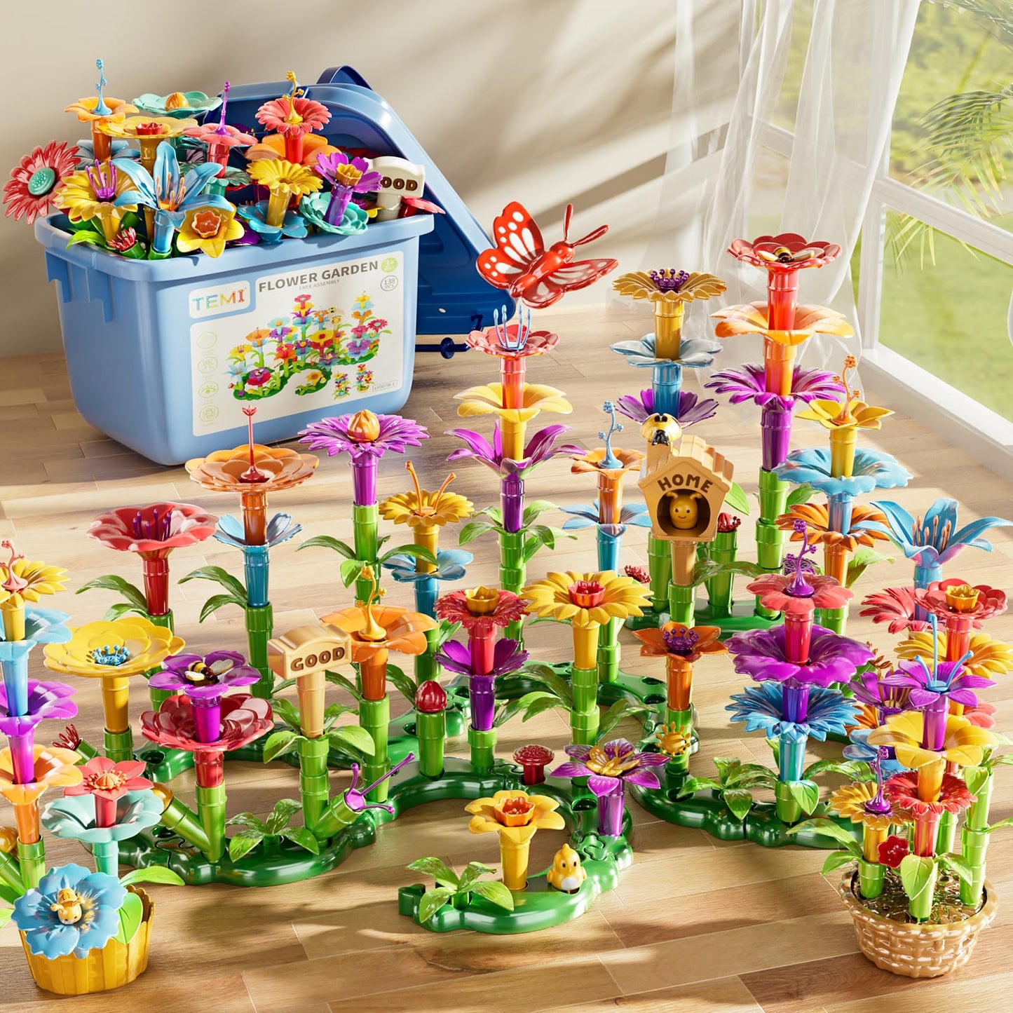 TEMI 138 PCS Educational STEM Toy and Preschool Garden Play Set for Kids Age 3-7, Flower Stacking Toys for Boys and Girls