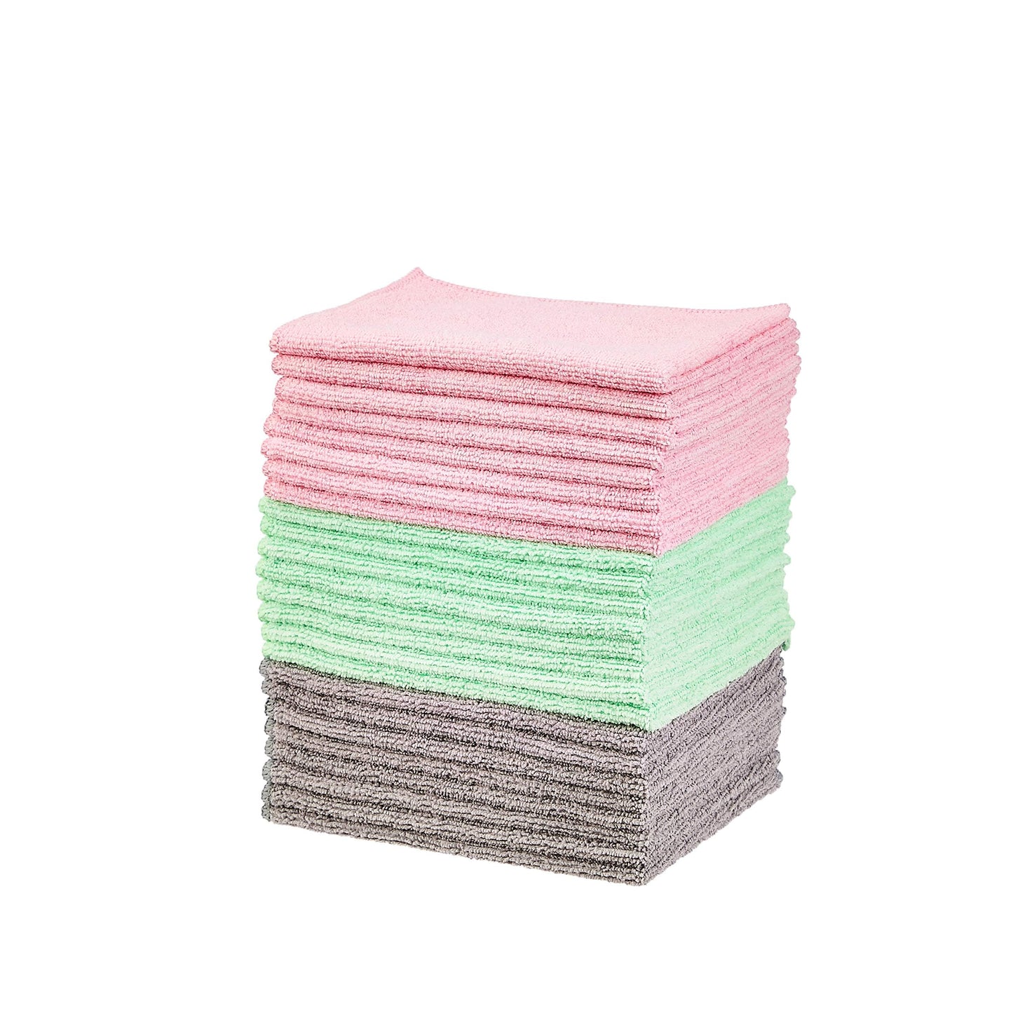 Amazon Basics Microfiber Cleaning Cloths, Non-Abrasive, Reusable and Washable, Pack of 24, Green/Gray/Pink, 16" x 12"