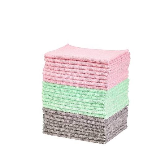 Amazon Basics Microfiber Cleaning Cloths, Non-Abrasive, Reusable and Washable, Pack of 24, Green/Gray/Pink, 16" x 12"