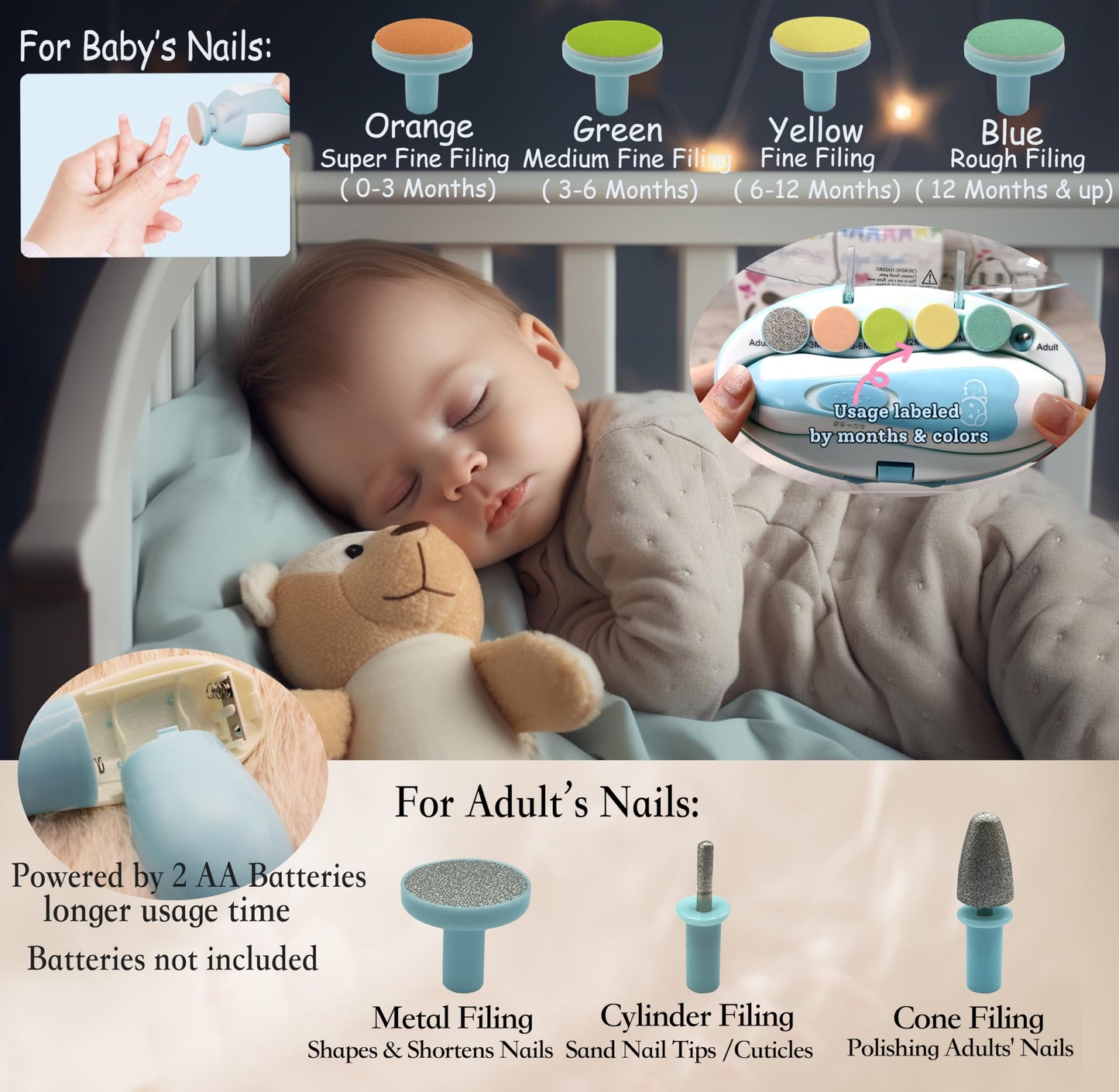 Royal Angels Baby Nail File 21 in 1, Safe Electric Baby Nail Buffer, Extra 13 Replacement Tools, Baby Nail Kit, Baby Nail Trimmer, Newborn Toddler Toes and Fingernails Clipper, Trim and Polish (Blue)