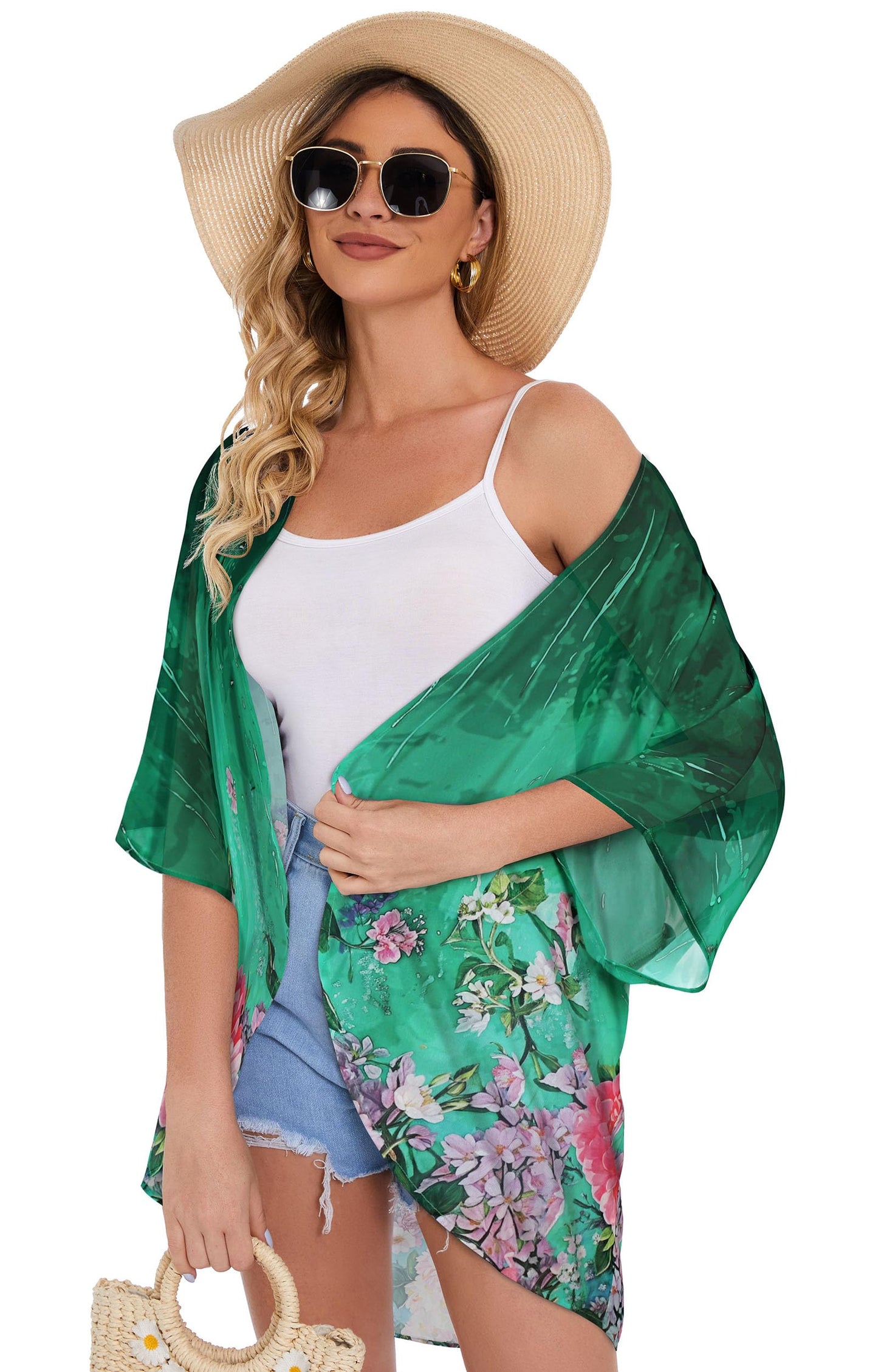 Women's Floral Print Puff Sleeve Kimono Cardigan Loose Cover Up Casual Blouse Tops