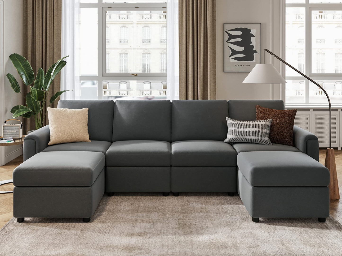 LINSY HOME Modular Sectional Sofa, Convertible U Shaped Sofa Couch with Storage, Memory Foam, Modular Sectionals with Ottomans, 6 Seat Sofa Couch with Chaise for Living Room, Dark Grey