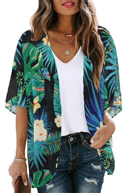 Women's Floral Print Puff Sleeve Kimono Cardigan Loose Cover Up Casual Blouse Tops