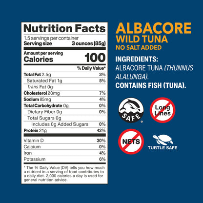 Wild Planet Wild Albacore Tuna, No Salt Added, Canned Tuna, Sustainably Wild-Caught, Non-GMO, Kosher 5 Ounce (Pack of 12), Packaging May Vary