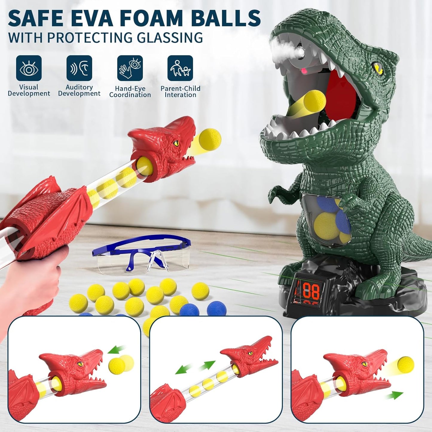 Dinosaur Toys Shooting Games for Boys 3 4 5 6 Years Old Movable Shooting Target Toy with 2 Pump Guns & 48 Foam Balls Outdoor Indoor Game Toy for Kids Ages 3-5 4-6 6-8 Toddlers Birthday Christmas Party